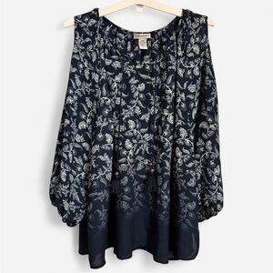 Catherines 1X Petite Cold Shoulder Blouse – Navy Paisley – Tassel Tie – 18/20WP